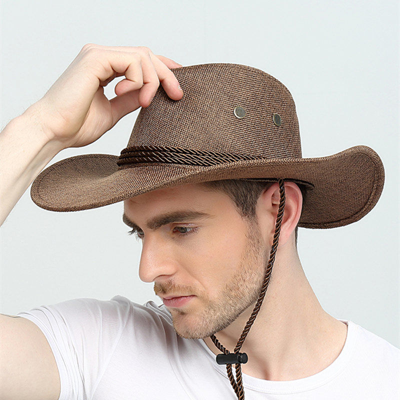

Unisex Wide Brim Hats Cowboy's Large Brimed Travel Cap with Drawstring Summer Outdoor Dome Western Crimping Straw Hat, Light khaki