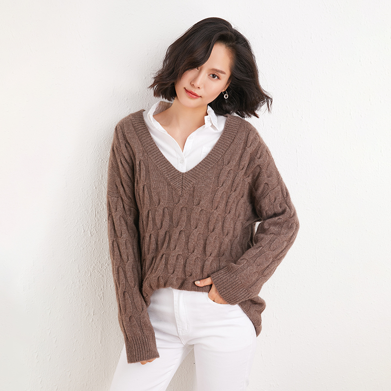 

2021 New 100% Cashmere Female V-neck Sexy Long Sleeves Women Autumn Winter Knitting Jumper Warm Thickening Sweater Qi73, Brown-camel