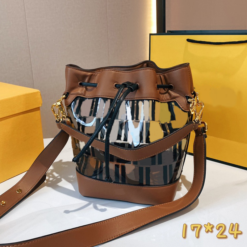 

Summer Jelly Drawstring Bucket Bag Large Capacity Classic Crossbody Handbag PVC Shoulder Package Letter Prints Wallet, Brown