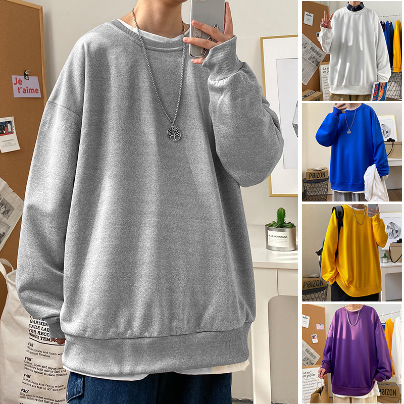 

Hoodies 2021 Spring Youth Solid Color Loose Fitting Sweater Large Casual Round Neck Pullover for Men, White