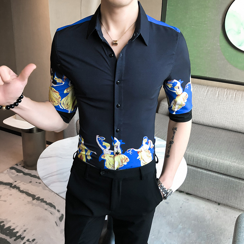

2021 New British Summer Style of Floral Shirt Fashions Thin Fit Men's Social Shirts Half Sleeve Streetwear Club Tuxedo Blouse Gvil, Black