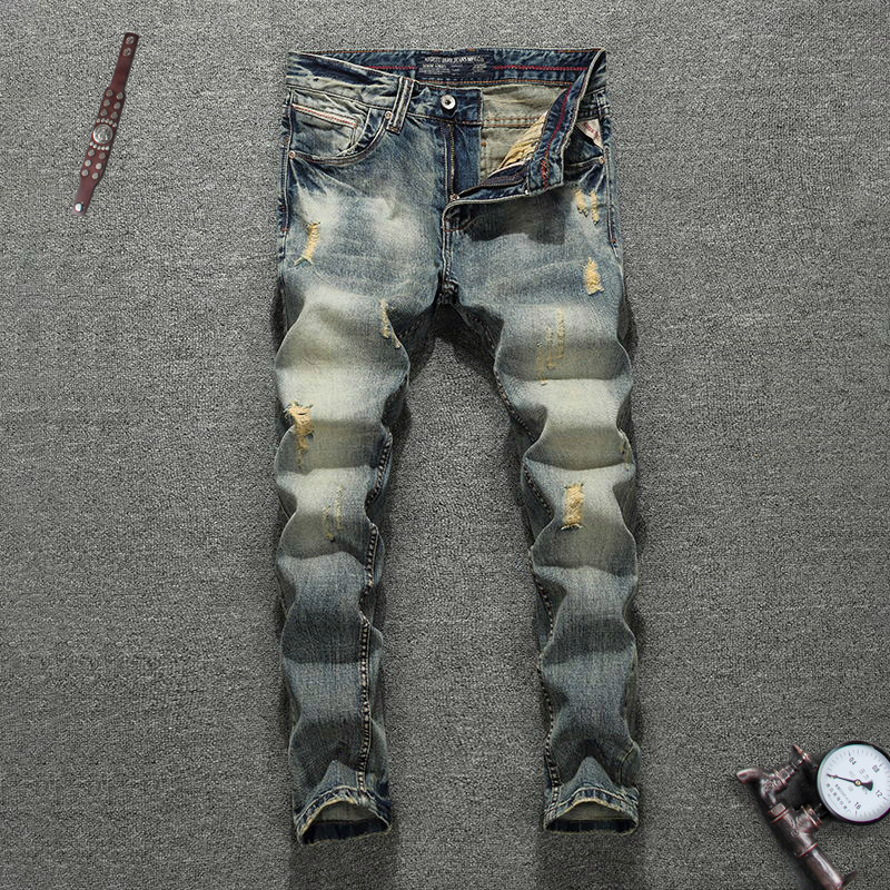 

2021 New Cala Jeans Estilo Italiano Do Vintage Slim Fit Retro Lavagem Rasgado De Brim Dos Homens Denim Calas Hip Hop Streetwear Hd6k, Retro color