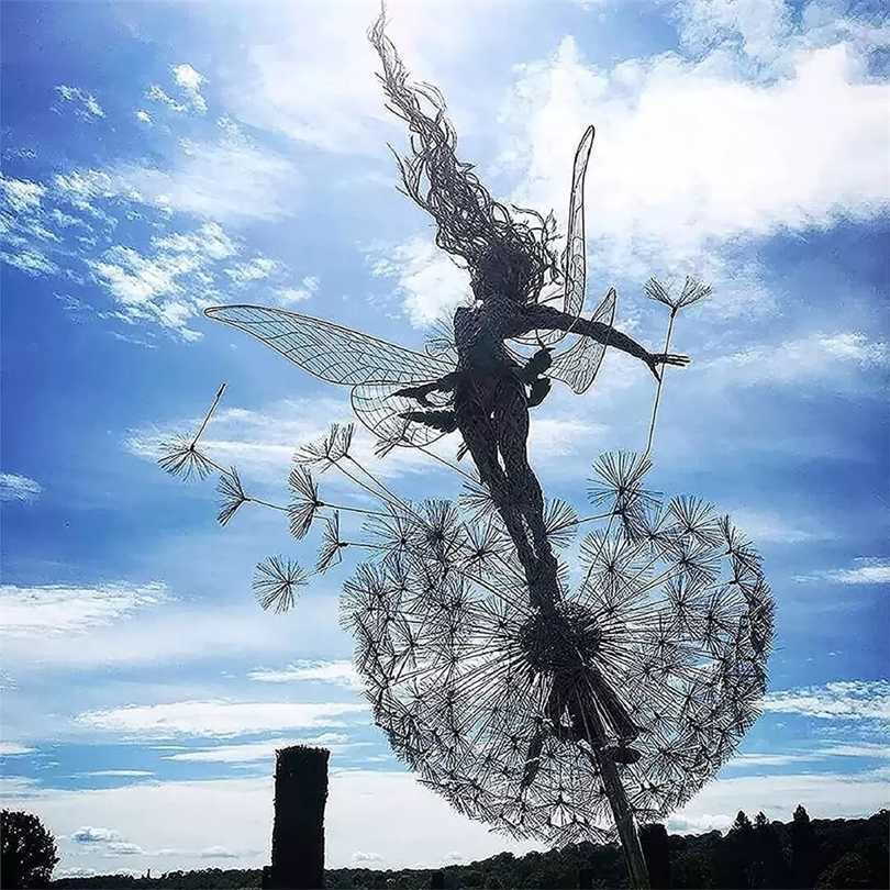 

Landscape Decorative Stake Fairies And Dandelions Dance Together Metal Garden Yard Art Decor Lawn Sculpture Decoration 211101