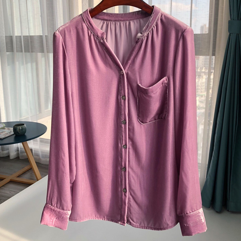 

2021 New Seda e Viscose Blusa Feminina Decote Em v Manga Comprida Solta Cor Slida Nico Breasted Feminino Camisa Casual Com Um Bolso Rsfh, Black