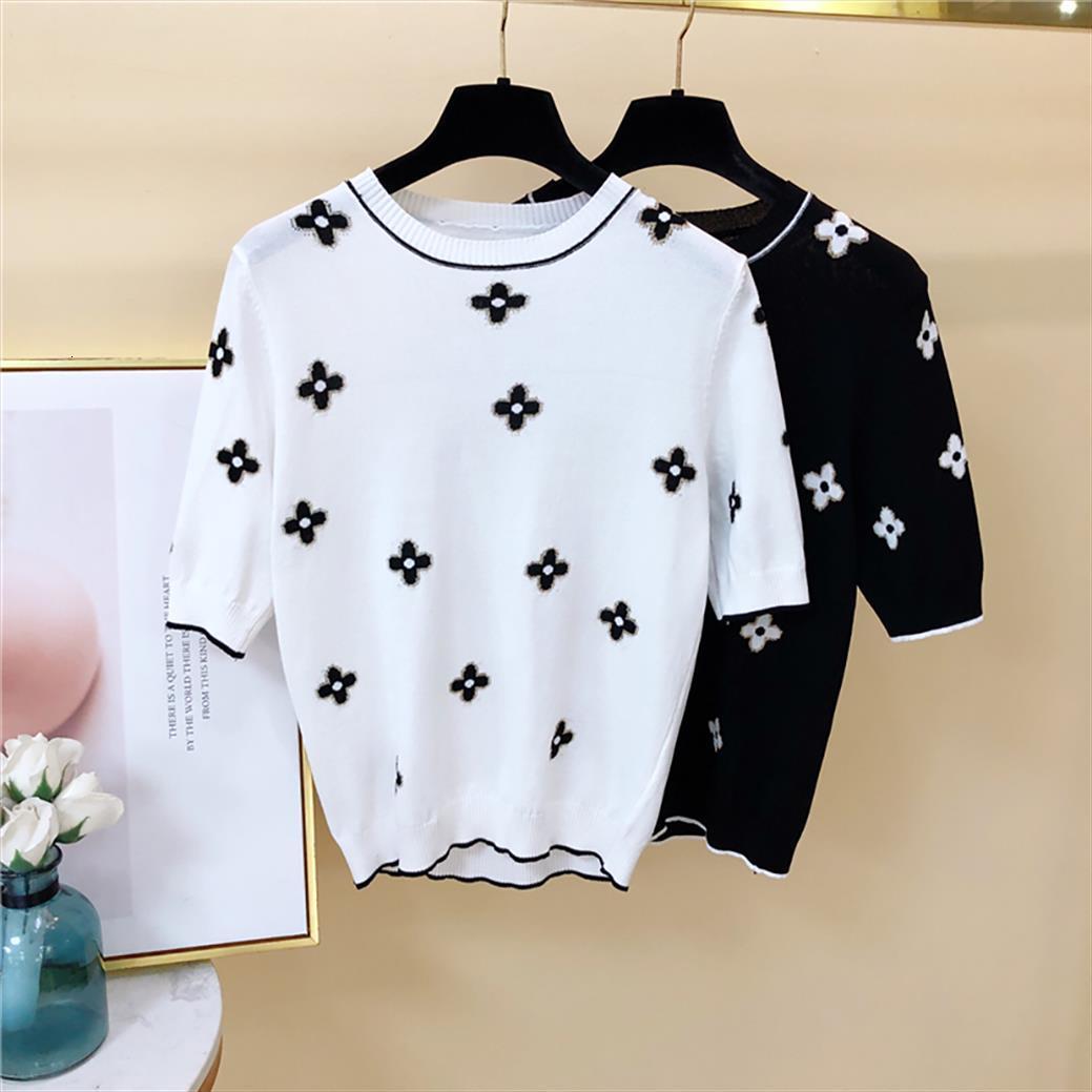 

summer flower daisy knitted half womens sweater sleeve pullovers women elegant straight loose baggy white black o neck woman