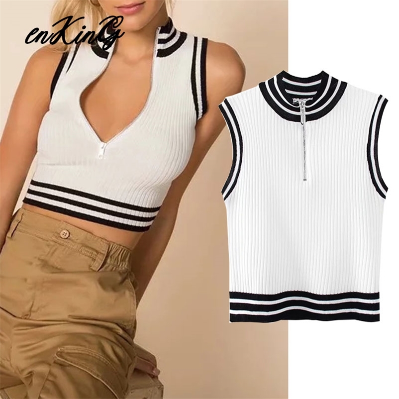 

england vintage za white sweater sleeveless Zipper turtleneck vest sweater pull femme pullovers tops 210628