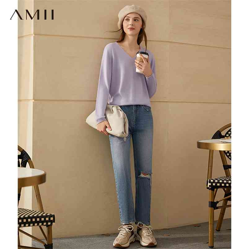 

Minimalism Winter Simple Women's Sweater Fashion 100%wool Solid Vneck Loose Female Pullover Tops Coat Women 12041046 210527, Purple