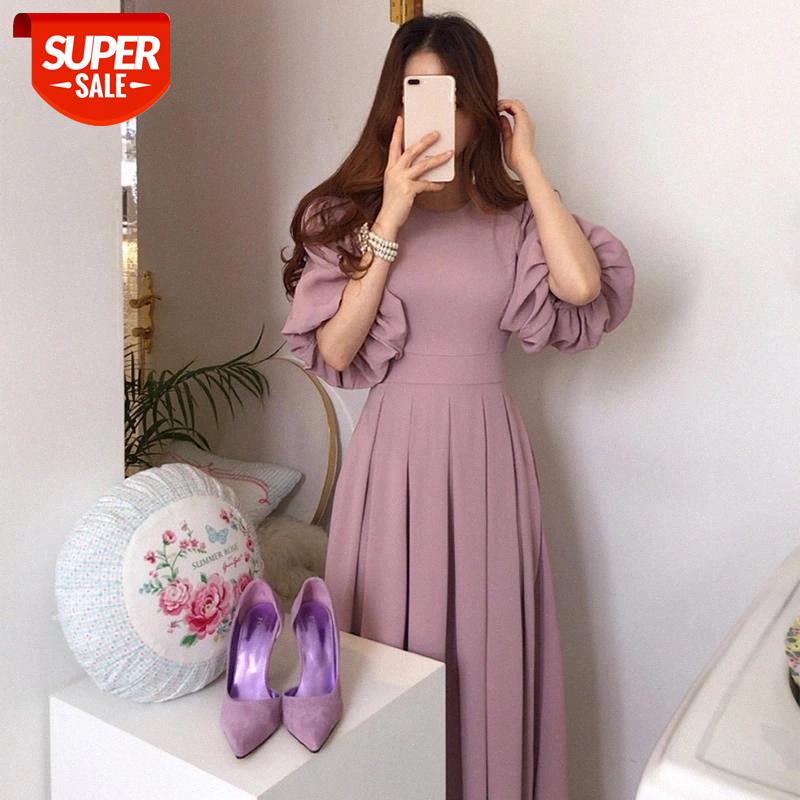 

Autumn Pleated Empire Women's Long Dress Drawstring Solid O-neck Half Lantern Sleeve Female Dresses 2021 New Sweet Lady Clothes #Te5Y, Black;gray
