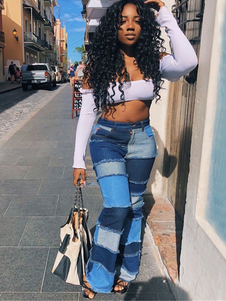 

2021 New High Waist Women's Fashion Destroyed Hole Denim Mopping Pants Casual Wide Leg Flanging Jeans Bell-bottoms 5qvk, Blue