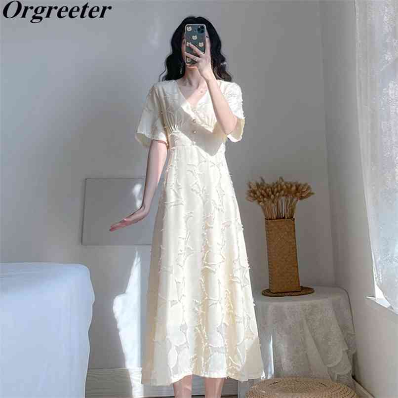 

Simple and Elegant Apricot Dress Female Summer V-neck Short Sleeve Tassel Appliques Slim Big Swing Long 210602, White