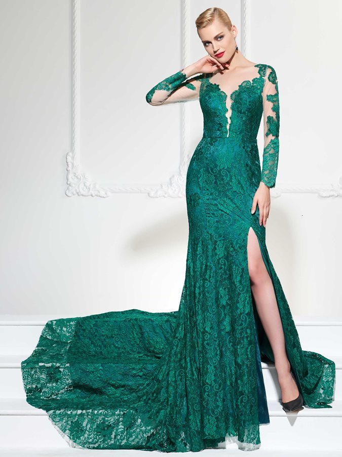 

2021 New Dark Green Mermaid V-neck Button Split-front Lace Evening Es Women Hot Sale Sheer Formal Prom Vestidos De Noiva Dolj, Purple
