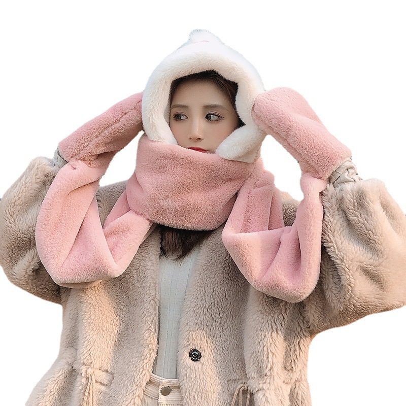 Lovely Plush Ball Hat Female Ear Protection Warm Scarf Gloves In Autumn and Winter One Scarf