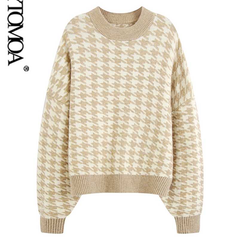

KPYTOMOA Women Fashion Oversized Jumper Houndstooth Knitted Sweaters Vintage Long Sleeve Loose Female Pullovers Chic Tops 211018, As picture