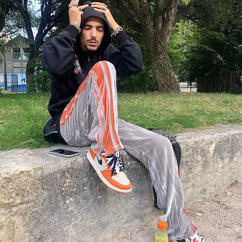 

2021 New Kanye West High Street Listrado Retalhos De Veludo Casuais Homens e Mulheres Solto Harajuku Cintura Elstica Baggy Faixa Calas O65e, Black