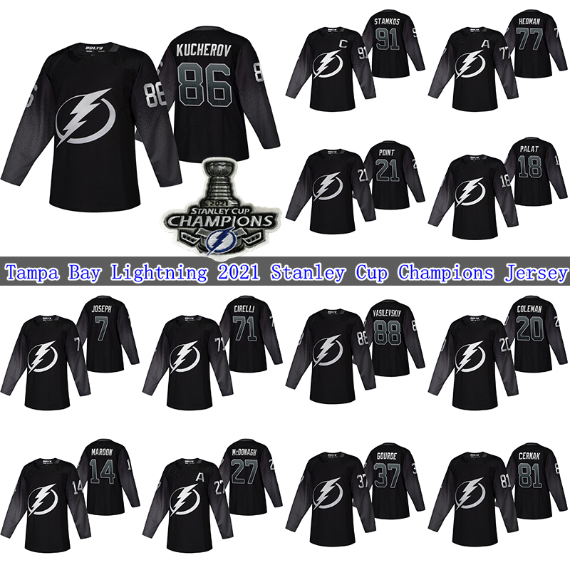 

86 Nikita Kucherov Tampa Bay Lightning 2021 Stanley Cup Champions Jersey 77 Victor Hedman 91 Stamkos 21 Brayden Point 71 Anthony Cirelli Black Hockey Jerseys, Black 88