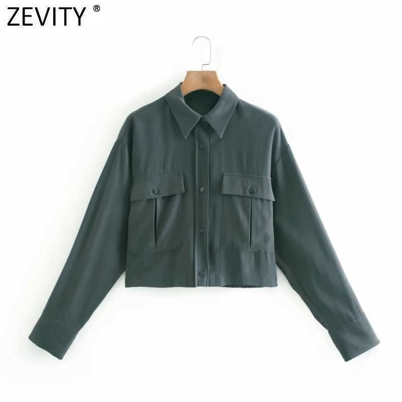

Zevity Women Safari Style Double Pockets Decoration Short Smock Blouse Office Lady Business Shirts Chic Blusas Tops LS7569 210603, As pic ls7569ld