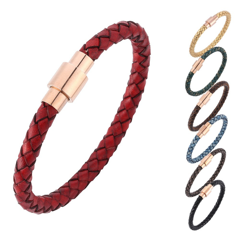 

Man Woman Couples Retro Style Braid Leather Cuff Bracelet Stainless Steel Button Buckle Bracelets