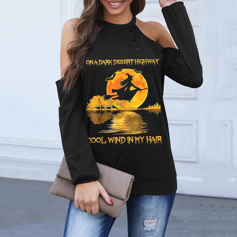 

Women' T-Shirt 2021 Sexy Off Shoulder Women T-shirts Halloween Bat Witch Printed Hollow Out Long Sleeve Aesthetic Tee Tops Streetwear A40, Bk