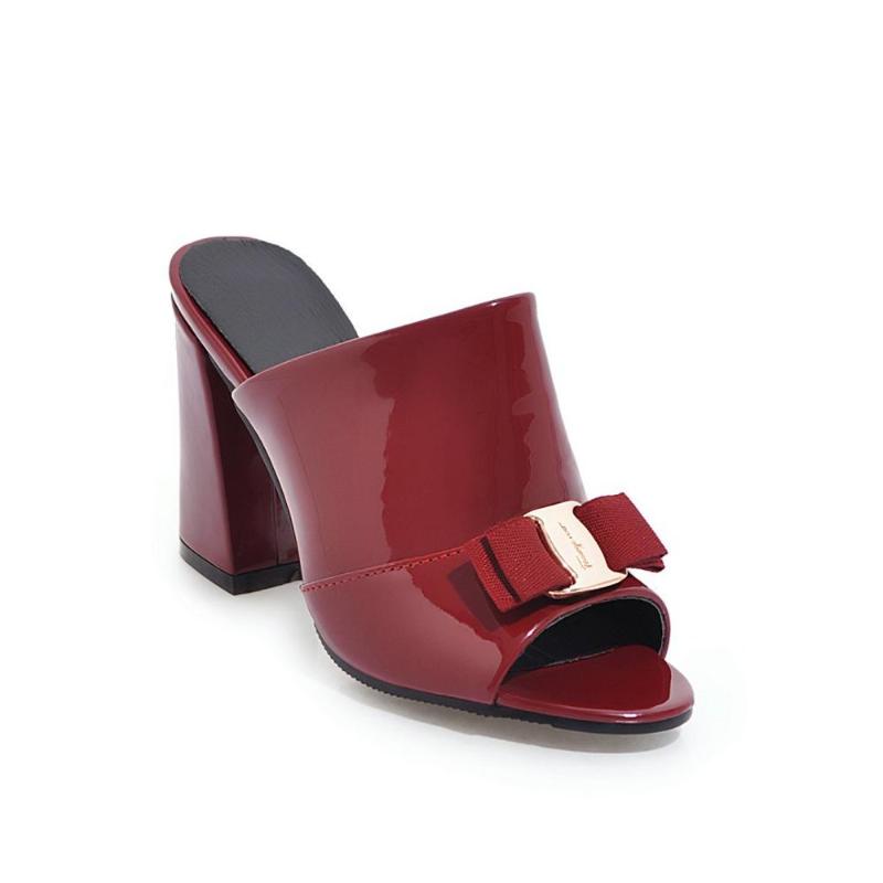 

Slippers Low Big Size Shoes Woman 2021 Square Heel Peep Toe Heels Pantofle Butterfly-Knot Block High PU Slides Scandals
