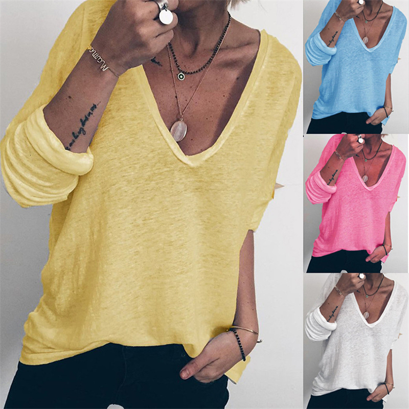 

2021 New Camisa Branca Do Vero t Camisas Ocasionais Femininas Sexy Com Decote Em v Plus Size Topos De Manga Longa Solta Camiseta Das Senhora, Yellow