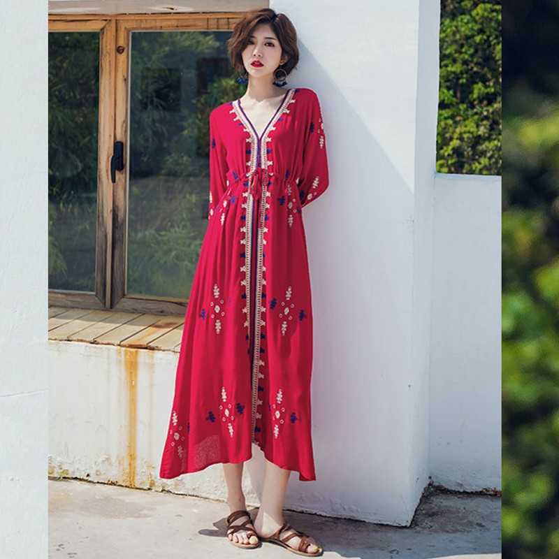

Summer Women Dress Bohemian Maxi Beach Clothes Loose V-Neck Sexy Retro Hippie Chic Vestidos Brand Clothing 210601, Red