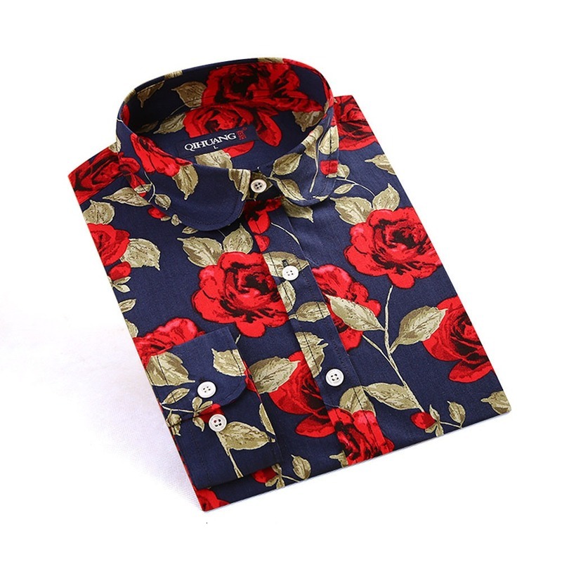 

2021 New Spring Autumn Print Women Long Sleeve Casual Floral Lady Blouse Cotton Fashion Plus Size Female Shirts Regular Full Ln4p, Navy blue