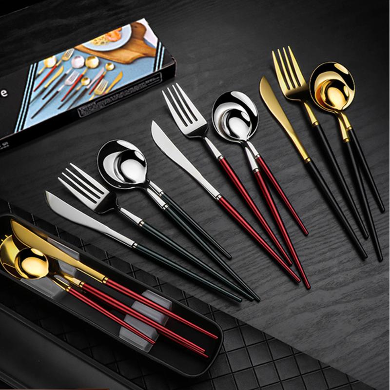 

Dinnerware Sets 4Pcs/set Stainless Steel Cutlery Set Knife Fork Spoon Tableware Reusable With Portable Case Household Dinner Kitchen Tools