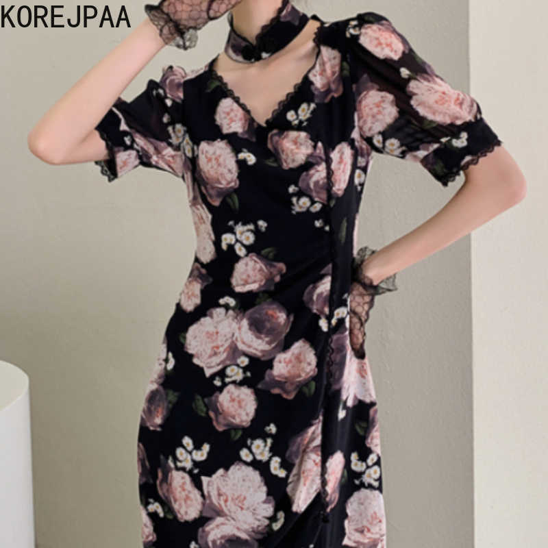 

Korejpaa Women Dress Summer Printed Pink Rose Vintage Elegant Temperament V-neck Midi Cheongsam Dresses Vestido Female 210526, Picture color