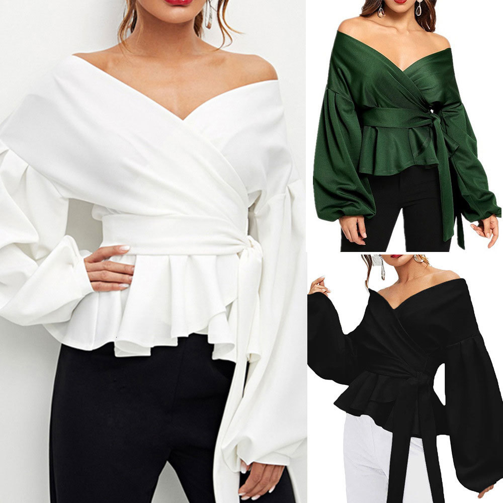 

2021 New Elegant v Neck Butterfly Knot Solid Vintage Tops Casual Lantern Sleeve Off Shoulder Blouse Office Lady Shirt Mzlh, As photo