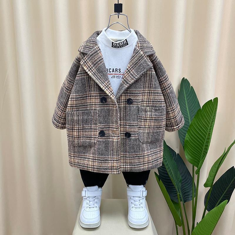 

Jackets Children Clothes Outfits Baby Boys Plaid Woolen Long Coats Autumn Winter Cotton Padded Thick Warm Overcoats Kids, Khaki