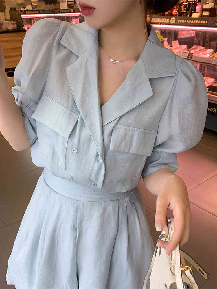 

Western style age-reducing V-neck shirt temperament suit female high waist wide leg shorts fried street two-piece 210525, M beige