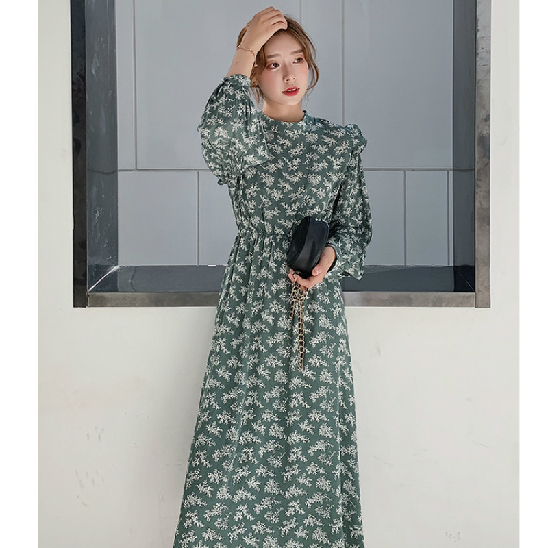

2021 New Elegant Stand Collar Ruffles Women Full Sleeve Elastic Waist Chiffon Spring Autumn Midi Vestidos Female 0b0n, Green