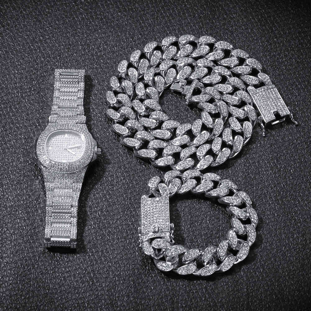 

Necklace & Watch & Bracelet Set With Box Hip Hop Miami Cuban Chain Silver Iced Out Paved Rhinestones CZ Bling For Men Jewelry X0509