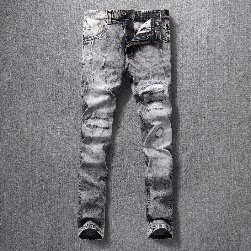 

2021 New American Streetwear Fashion Retro Gray Slim Fit Elastic Ripped Men Hip Hop Pants Italian Vintage Designer Jeans F8mu