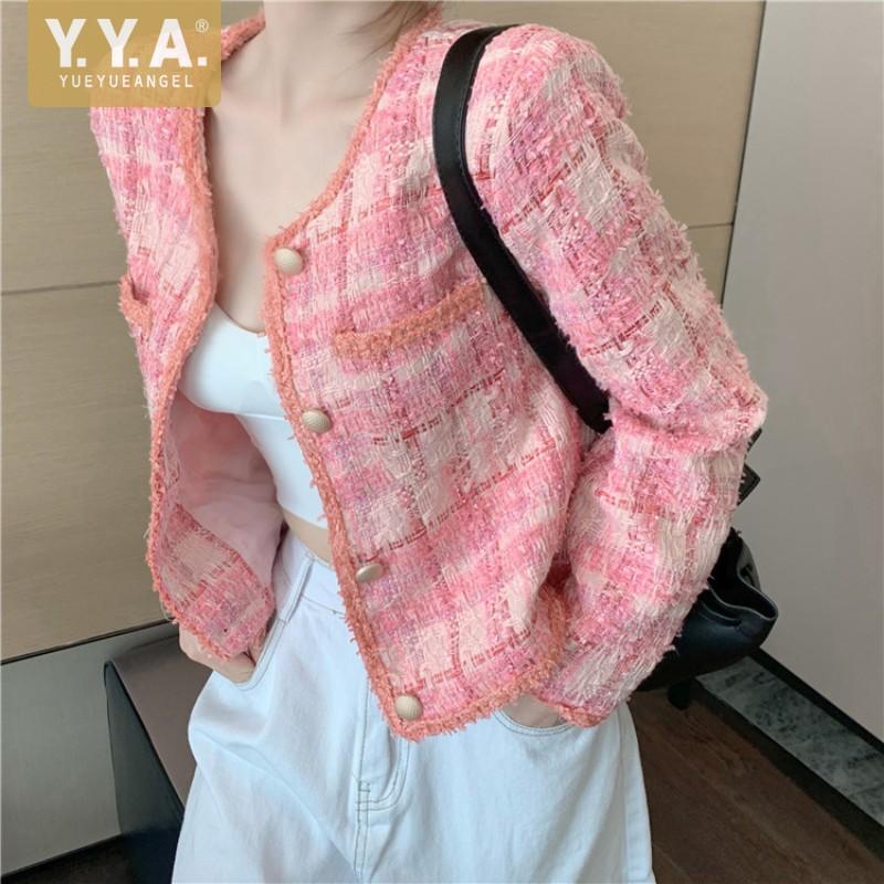 

Women's Jackets Women French Retro Tweed Short Jacket Spring Autumn O Neck Long Sleeve Fashion Plaid Coat Office Ladies Elegant Outerwear, Black;brown