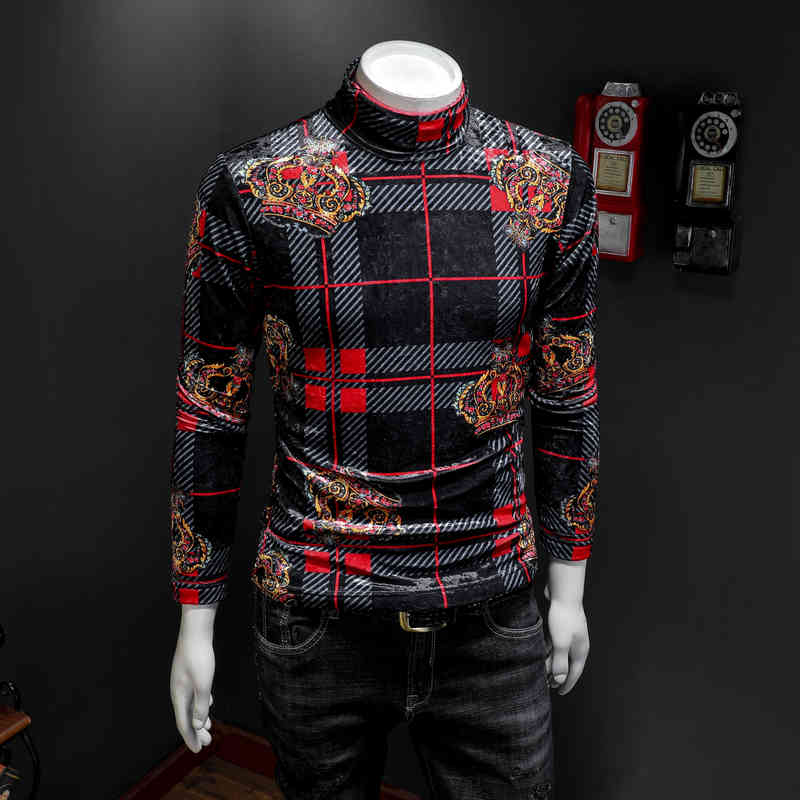 

Men' T-Shirts plus size velvet thick long-sleeved trend T-shirt loose elastic Korean high collar plaid shirt O3WL, Red