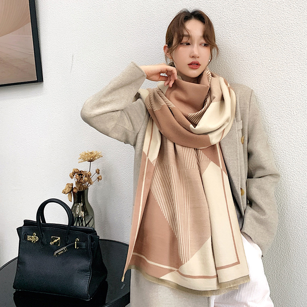 

65*190cm women scarf 3 colors autumn winter fashion stripe fabric warm scarves beach shawls, Blue;gray