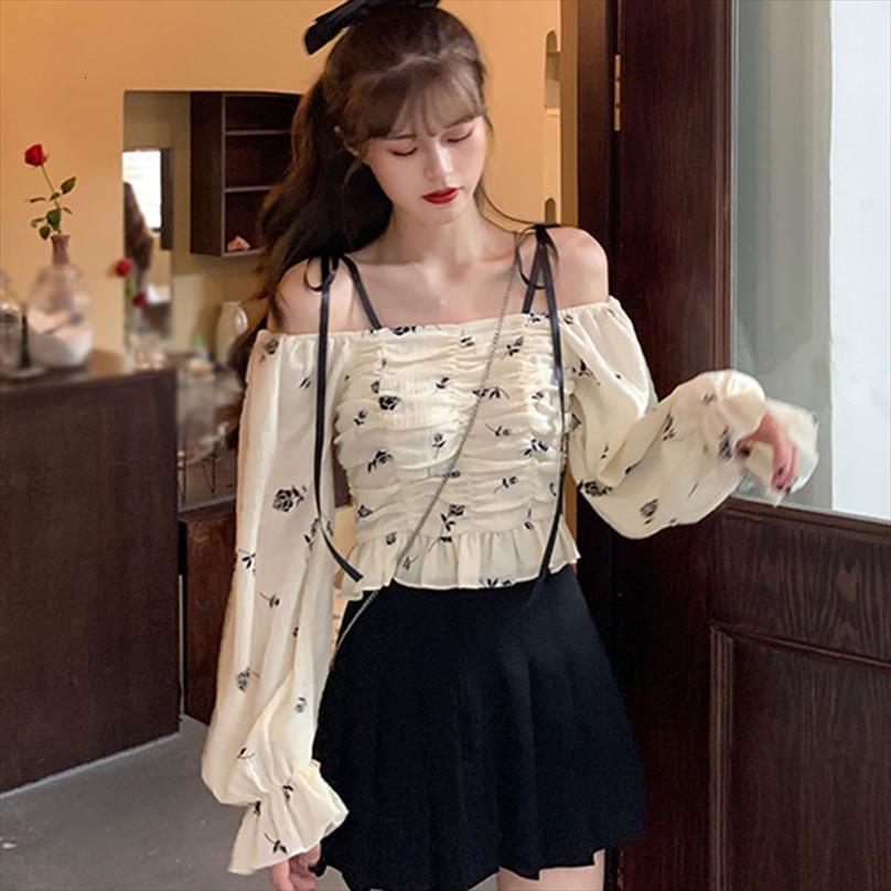 

Mesh Stitching Long Sleeve Women Shirts Casual Tops Korean Floral Print Slash Neck Sweet Shirt, White
