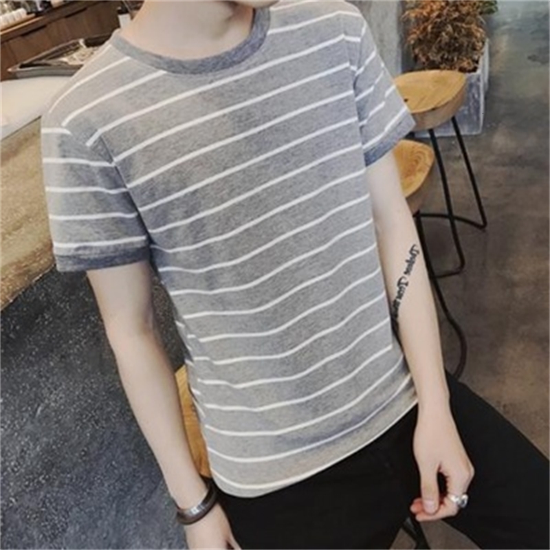

2021 New Gray Striped Short T-shirt Korean Trend Slim Round Collar Student Half Sleeve Shirt Men's Wear X3cv