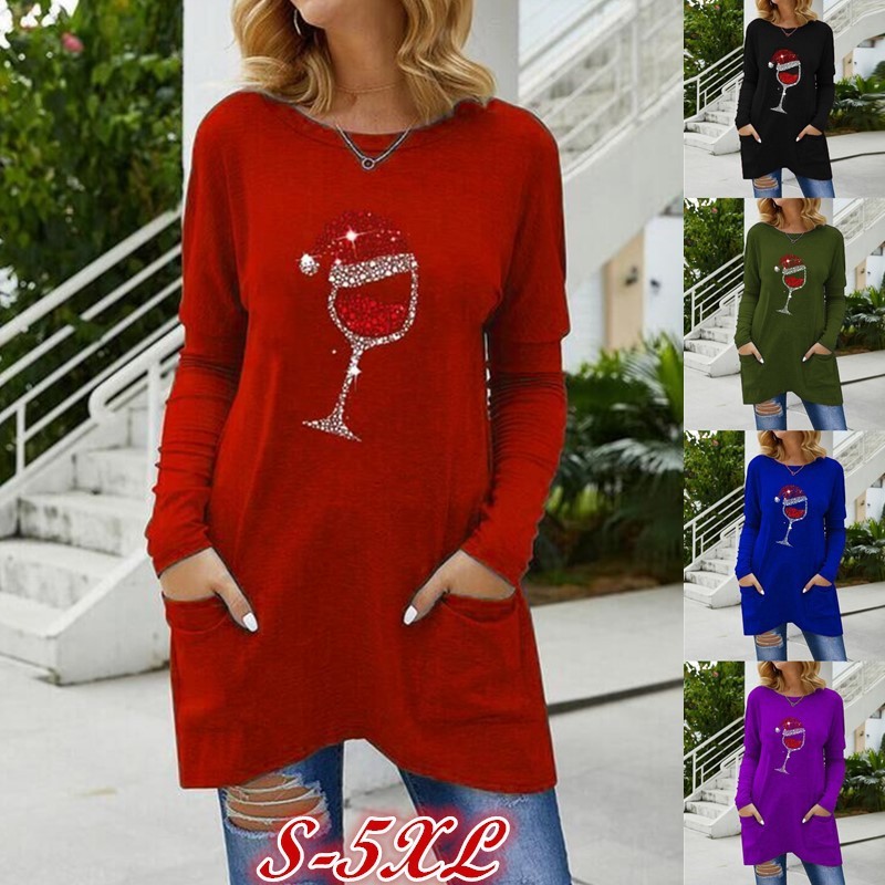 

2021 New Christmas Hat Print Tshirts Casual Long Sleeve O-neck Femme T-shirts Tops Camisetas Mujer Plus Size S- t Shirt Women X7a5, Purple