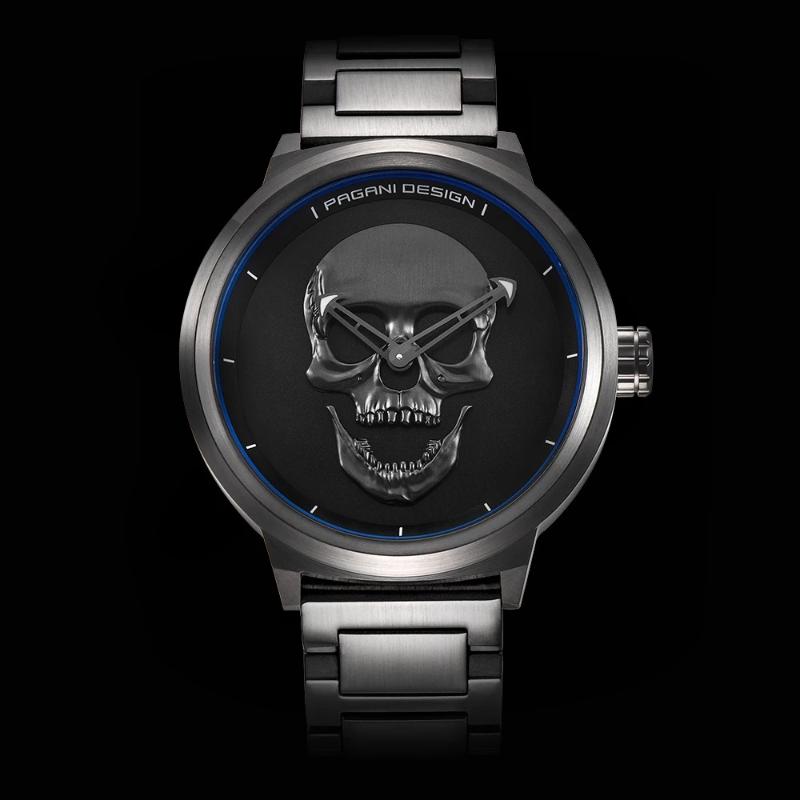 

Wristwatches Punk 3D Skull Personality Retro Fashion Men's Watch Waterproof 30m Steel Stainless Quartz PAGANI DESIGN Relogio Masculino, Silver black