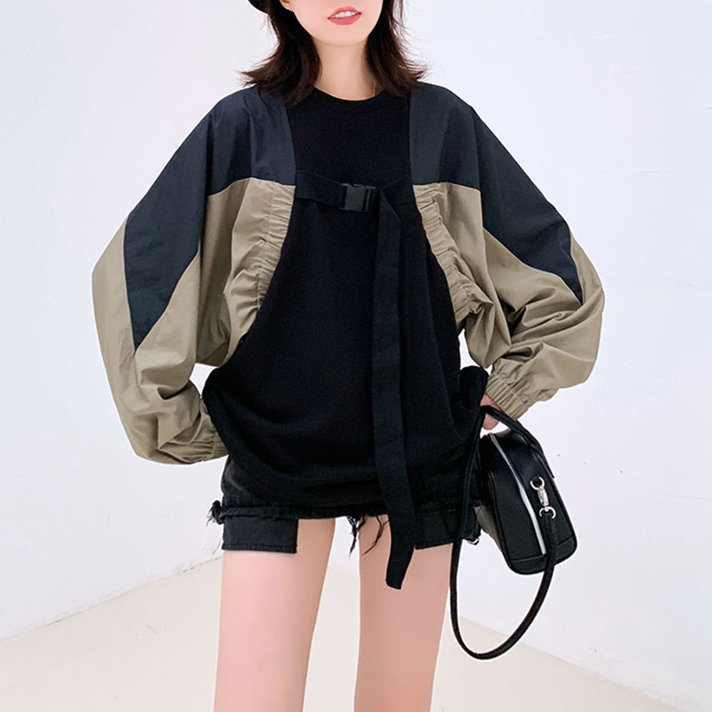 

Streetwear Patchwork Drawstring Sweatshirt For Women O Neck Long Sleeve Hit Color Casual Sweatshirts Female Fashion, Black