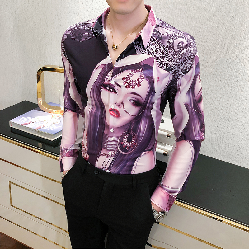 

2021 New High Quality Sexy Girl Beauty Printing Fashion Men's Jersey Men in Long Floral Shirts Slim Fit Club Prom 3xl-m K08b, Black and white.