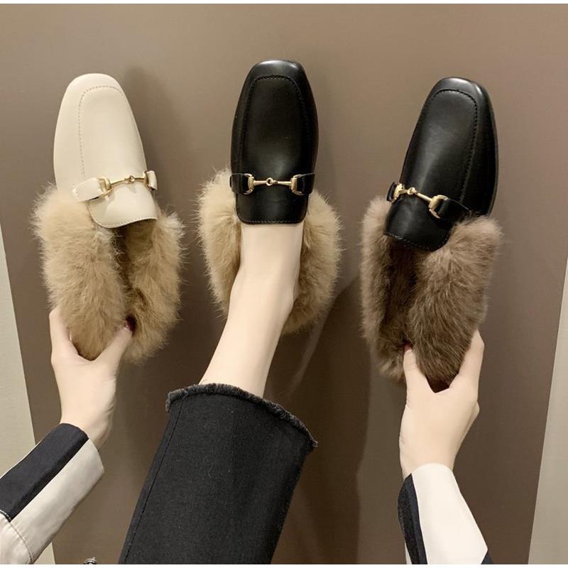 

Plush Women Mules Slippers Slip On Warm Woman Slipper Faux Fur Flat Shoes Square Toe Female Ladies Fashion Winter Slides Casual, Khaki