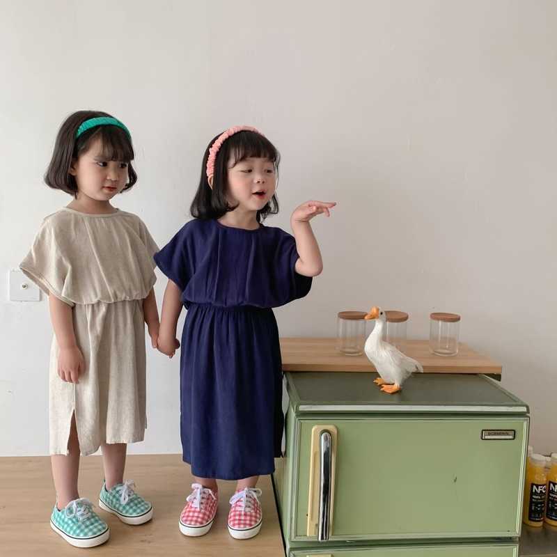 

Summer Girls Solid Color Cotton Linen Loose Dress Children Casual Short Sleeve Mid-Calf Dresses 210615, Navy