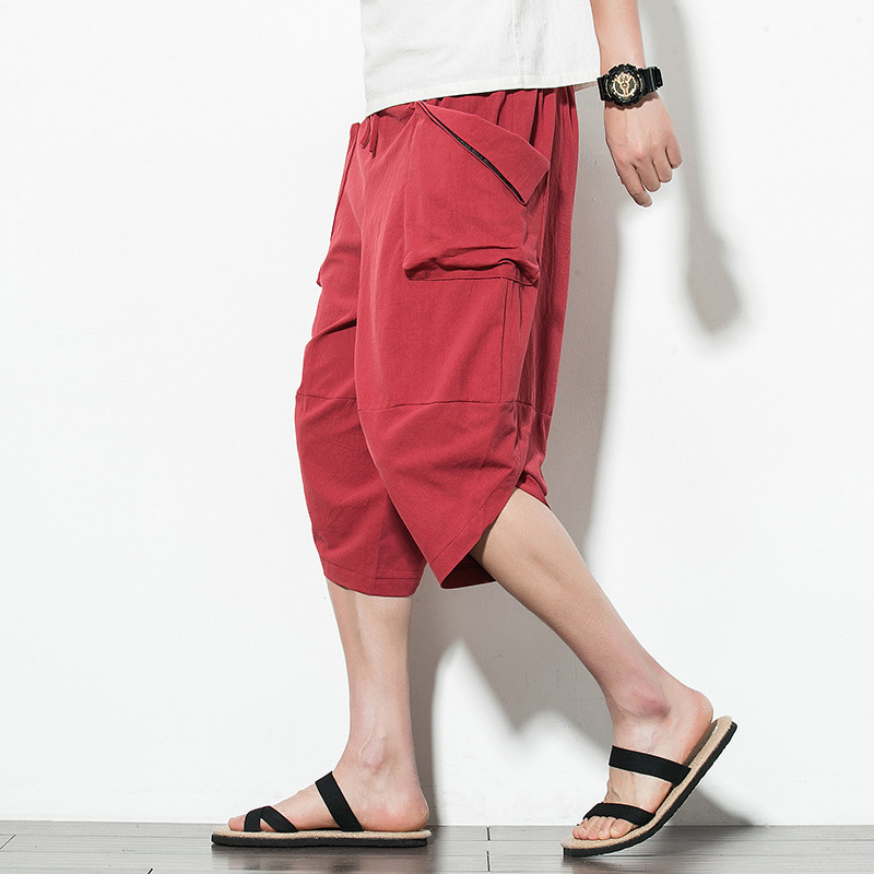 

2021 Summer New Foreign Capris Men's Chinese Style Linen Shorts Trend Big Pocket Loose Radish Pants, Khaki