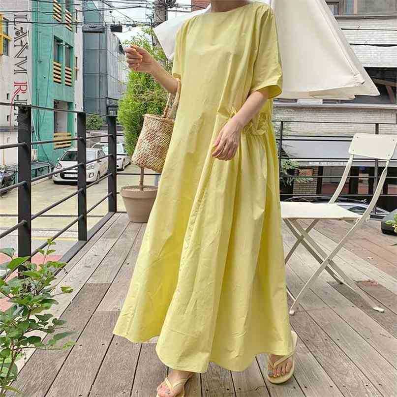 

Women Yellow Long Ruflfes Big Size Dress Round Neck Short Sleeve Loose Fit Fashion Spring Summer 2E1328 210526