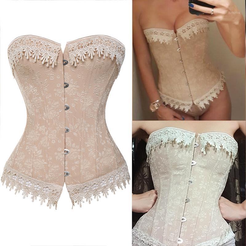 

Overbust Waist Trainer Embroidery Sexy Boned White Beige Corset Burlesque Costumes Corselet Halloween Plus Size Gothic Clothing Bustiers & C, As pic