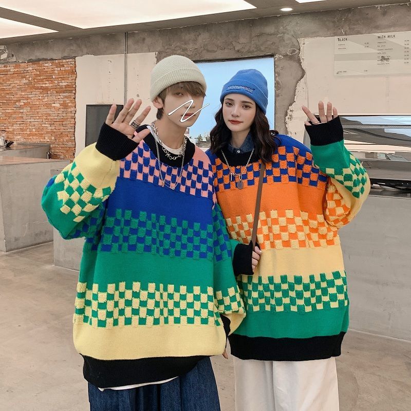 

2021 New Winter Color Plaid Sweater Men's Warm Fashion Retro Casual Knitted Pullover Men Wild Loose Korean Couple Knitting Sweaters S-2xl Eu, Blue