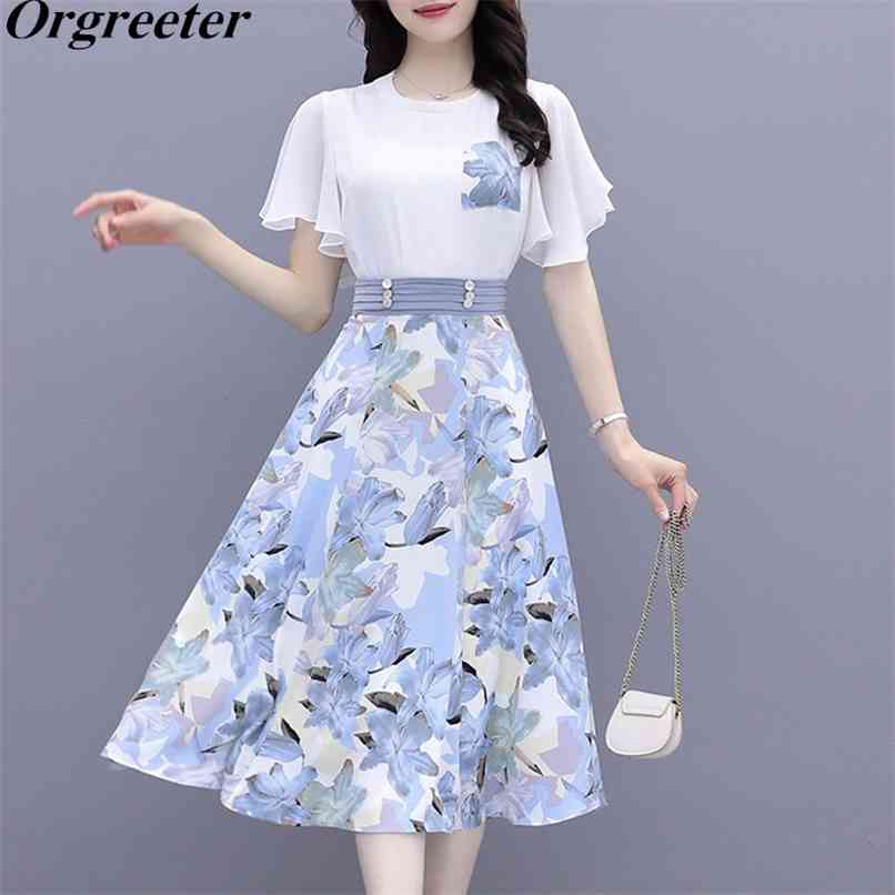 

Summer Chiffon 2 Piece Sets Women Butterfly Sleeve White Tshirt + High Waist Flower Print Skirt Suit Female Outfits 210602, Blue